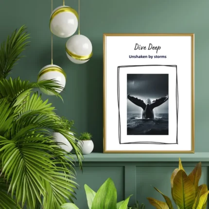 A framed Whale Affirmation Wall Art print featuring a black and white photograph of a whale tail diving into the ocean with the text "Dive Deep, Unshaken by storms". The gold-framed artwork sits on a green mantle surrounded by lush, tropical indoor plants and modern globe pendant lights.