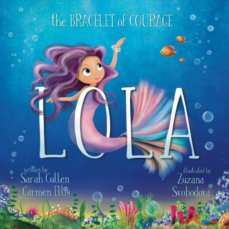 Lola The Bracelet of Courage Beautiful young mermaid with flowing purple hair swimming in a vibrant coral reef on the cover of Lola The Bracelet of Courage kids book.