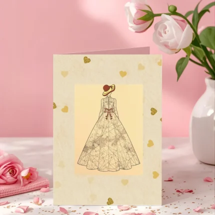 Aesthetic golden maxi greeting card featuring a detailed vintage fashion illustration of a woman in a large sun hat and a long, patterned maxi dress, set against a pale yellow background with sparkling gold glitter heart accents. The card is displayed on a wooden table next to a white vase with pink flowers.