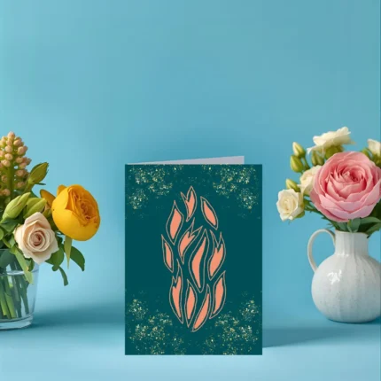 Glittering celebration greeting card featuring a central abstract leaf design in peach on a deep teal background, accented with gold sparkle effect. The card is displayed between two vases of flowers yellow, white, and pink roses against a vibrant blue background.