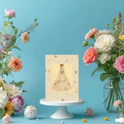 Aesthetic golden maxi greeting card featuring a detailed vintage fashion illustration of a woman in a large sun hat and a long, patterned maxi dress, set against a pale yellow background with sparkling gold glitter heart accents. The card is displayed on a marble surface next to a white vase with pink roses.