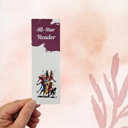 Dynamic All-Star Reader sports bookmark featuring colorful silhouettes of diverse athletes (soccer, tennis, hockey, etc.) in action against a white background