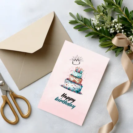 Modern greeting card with "Happy birthday" script, featuring a vibrant, colorful watercolor illustration of a three-tiered birthday cake with candles and a black line-art crown sketch on a light pink textured background.
