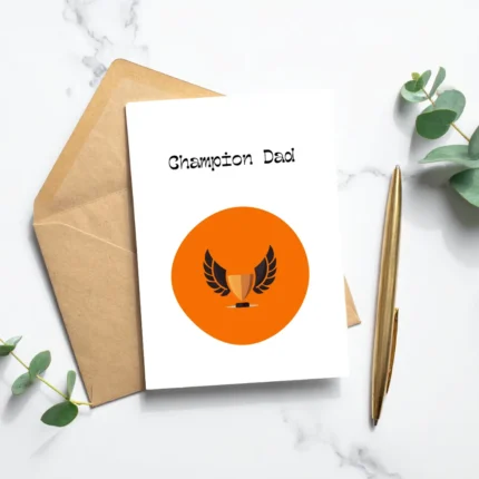 Champion Dad greeting card design featuring a gold and black winged trophy icon inside a vibrant orange oval on a white background. Ideal for Father's Day or best dad birthday celebration.