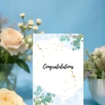 Vibrant congratulation greeting card with blue background and floral arrangement.