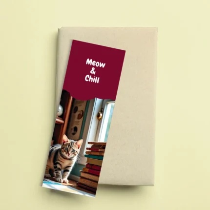 Cute tabby cat kitten sitting next to stacked books on a wooden floor in front of a sunny window on a maroon bookmark with the text "Meow & Chill". Perfect reading accessory on a plain brown book.