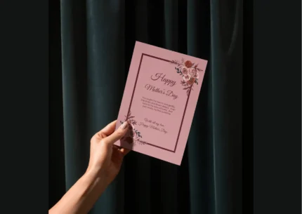 Close-up of an elegant Mother's Day greeting card featuring a border of blush pink and deep burgundy watercolor floral arrangements. The card has a loving message in cursive font and is a beautiful gift for mom.