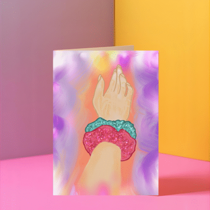 Hand wearing two glitter scrunchies (hot pink and teal) on a colorful, dreamy purple, pink, and yellow painted background. Retro 90s aesthetic fashion greeting card illustration.
