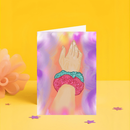 Hand wearing two glitter scrunchies (hot pink and teal) on a colorful, dreamy purple, pink, and yellow painted background. aesthetic fashion greeting card illustration.