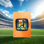 A modern orange greeting card featuring a silhouette illustration of a female soccer player kicking a ball. The card is displayed centered on a realistic green soccer pitch inside a sunlit stadium under a bright blue sky. The card design includes a goal net graphic and a central image of an athlete playing under stadium floodlights.