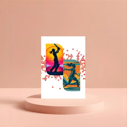 A vibrant, stylized illustration showing two female sports silhouettes: a girl in a cricket batting stance with pads against a sunset background, and a netball player running and passing a ball. The image promotes women in sports and is intended for a cricket and netball themed greeting card.