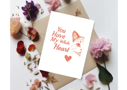 Sketch style greeting card with a red ink drawing of a cat's face and the script text "You Have My Whole Heart" above a small heart. Ideal for cat lovers and romantic occasions.