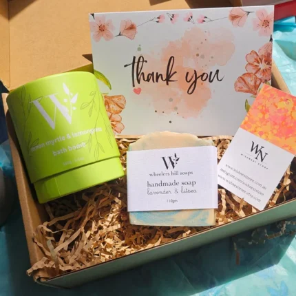 Sunshine and Citrus Refresh gift box with bright yellow packaging and sweet orange handmade soap.