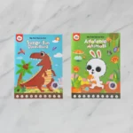 Front cover of Jar Melo My First Dot-to-Dot Super Fun Dinosaurs activity book for kids aged 3 plus, featuring a red T-Rex and alphabet tracing dots.