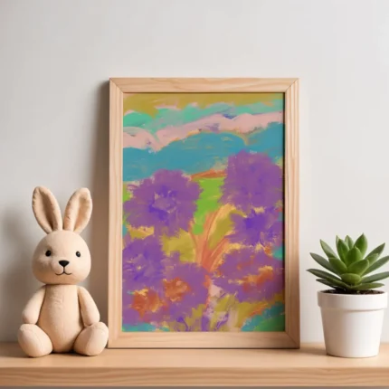 Sustainable Australian wall art featuring purple wildflowers on an organic-textured background.