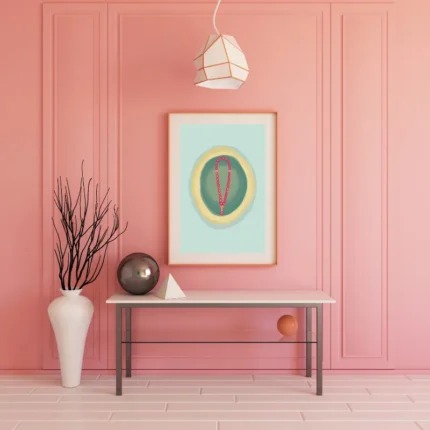 Aesthetic Necklace Wall Art featuring a vibrant red beaded necklace with gold accents on a layered seafoam and mustard yellow background.