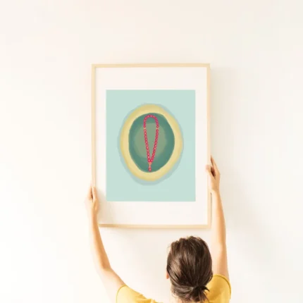 Aesthetic Necklace Wall Art featuring a vibrant red beaded necklace with gold accents on a layered seafoam and mustard yellow background.