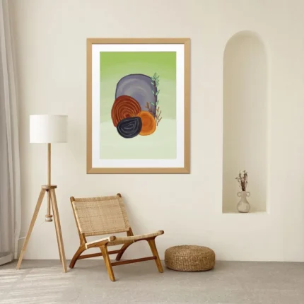 Sustainable wall art print with earthy tones and minimalist botanical elements for a mindful home office.