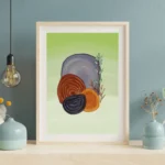 Abstract digital painting featuring purple, orange, and black organic circular shapes with a botanical sprig on a sage green background.