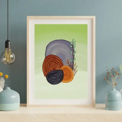 Abstract digital painting featuring purple, orange, and black organic circular shapes with a botanical sprig on a sage green background.