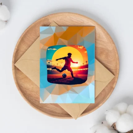 Close up of high-quality matte paper texture on a soccer-themed greeting card with orange and blue tones.