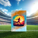 A soccer greeting card featuring a geometric-style player kicking a ball in a stadium during a golden sunset.