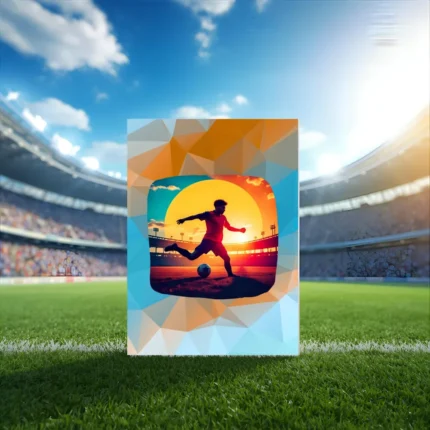 A soccer greeting card featuring a geometric-style player kicking a ball in a stadium during a golden sunset.