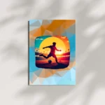 A sleek soccer greeting card with a sunset stadium graphic, perfectly suited for display in a modern bedroom or home office.