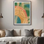Modern living room featuring Abstract Retro Circles Wall Art hung above a tan leather sofa.