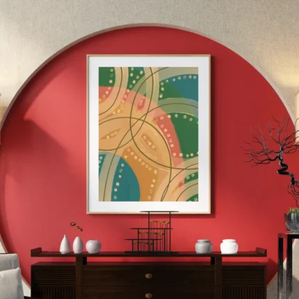 Close-up of texture on Abstract Retro Circles Wall Art showing earthy tones and dotted patterns.