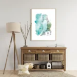 Close-up of watercolor wall art showing a teal dress, handbag, and high heel shoe sketches.