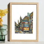 Vibrant Melbourne Tram Wall Art showcasing a colorful stylized W-class tram and city skyline.