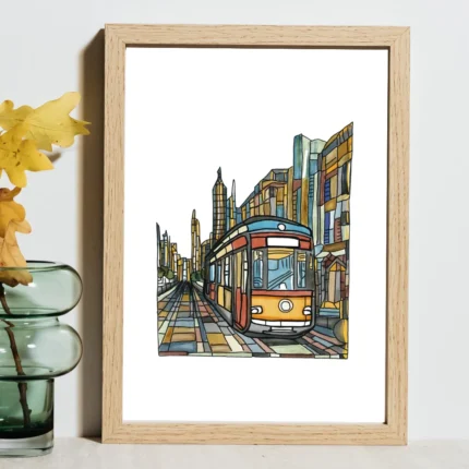 Vibrant Melbourne Tram Wall Art showcasing a colorful stylized W-class tram and city skyline.
