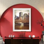Close up of high-quality Melbourne wall art showing the "Afloat" river bar and "Victoria University" building in the background
