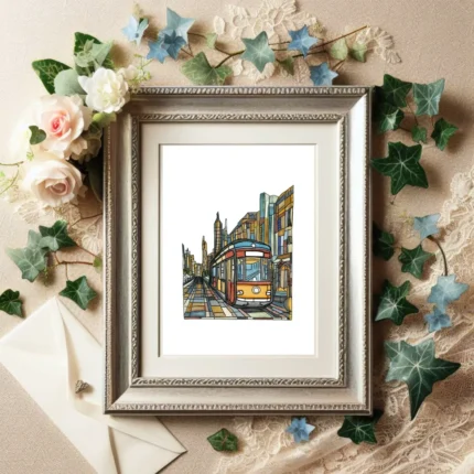 Close up of vibrant stained-glass style brushstrokes on Melbourne city canvas print.