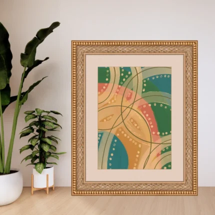 Modern living room featuring Abstract Retro Circles Wall Art keep on desk