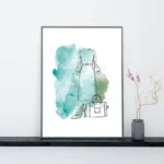 Hand-sketched fashion illustration of a midi dress with teal watercolor splash background.