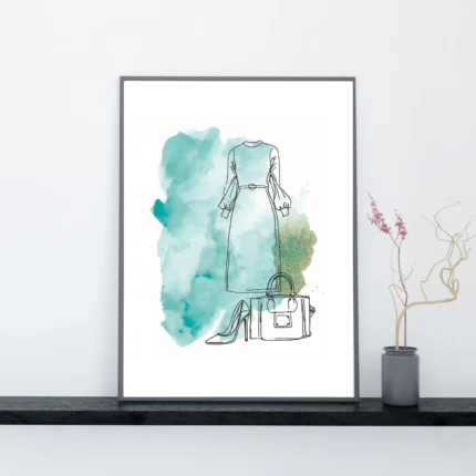 Hand-sketched fashion illustration of a midi dress with teal watercolor splash background.