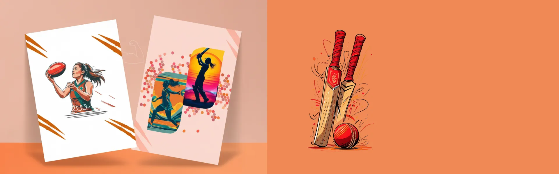 a sports greeting cards and cricket bat ball on bright color background