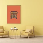: Premium museum-grade canvas prints of South Asian folk truck art resting on a wooden display shelf.