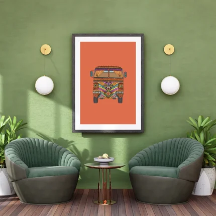 Colorful boho wall art print framed and displayed beautifully on a modern living room wall.