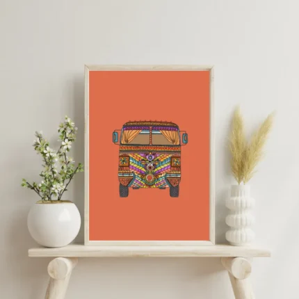 Vibrant Truck Art Print showing detailed, colorful South Asian folk truck art illustration on a solid terracotta background.