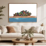 Colourful Sydney Opera House wall art print with vibrant geometric Australian artwork