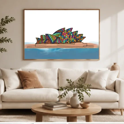 Colourful Sydney Opera House wall art print with vibrant geometric Australian artwork