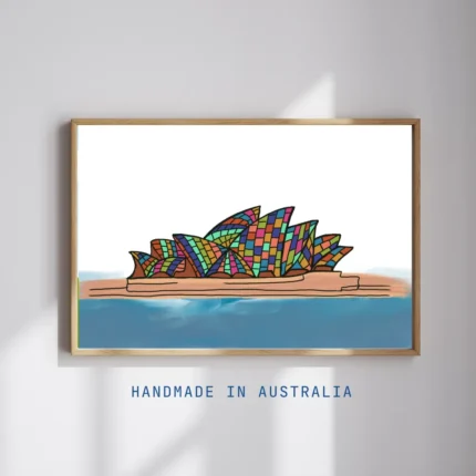 Sydney Opera House wall art featuring colourful handmade-inspired Australian artwork in a timber frame
