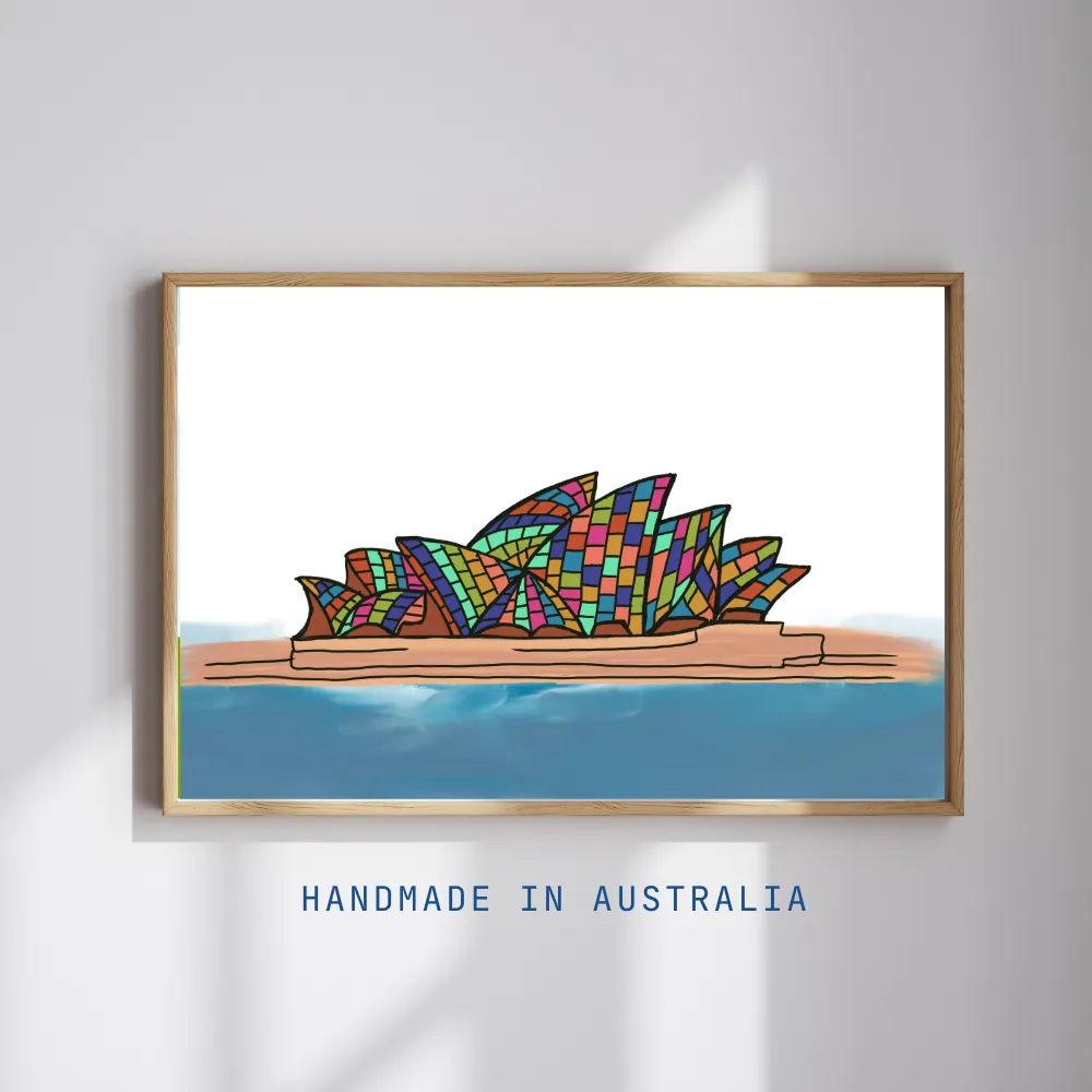 Sydney opera house wall art Sydney Opera House wall art featuring colourful handmade-inspired Australian artwork in a timber frame