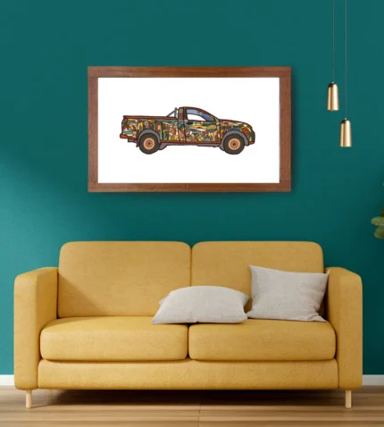 Boho vintage van wall art showing a colourful patterned camper on a terracotta backdrop