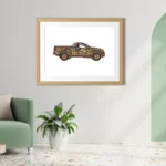 Retro vintage van wall art print with colourful folk-inspired decoration and terracotta background