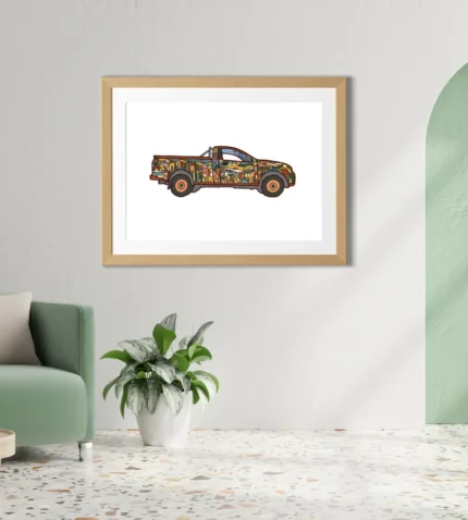 Retro vintage van wall art print with colourful folk-inspired decoration and terracotta background