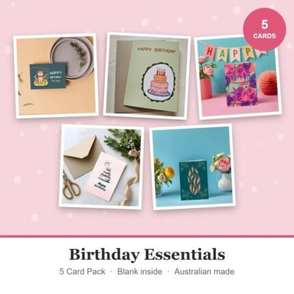 Birthday Essentials 5 card pack: bear, sage green birthday cake, floral cake, pink cake and teal abstract birthday cards